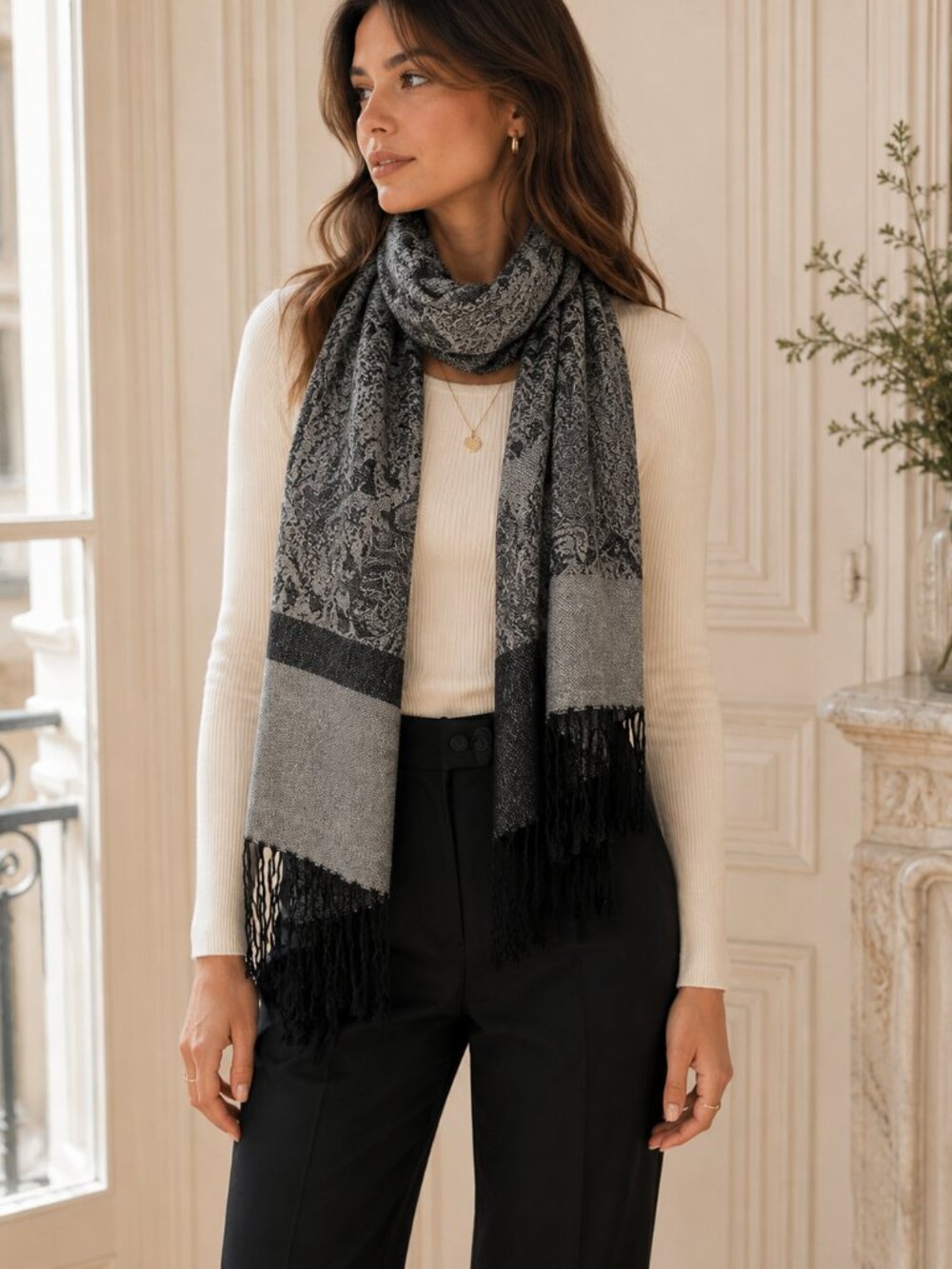 Womens Paisley Scarf Shawl Black Gray Jacquard Pashmina Style Fringe Wrap